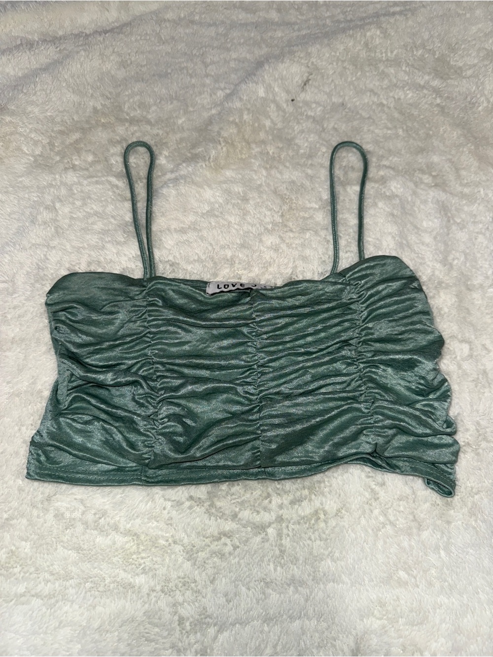 Lovers + Friends Sage Green Ruched Satin Crop Cami